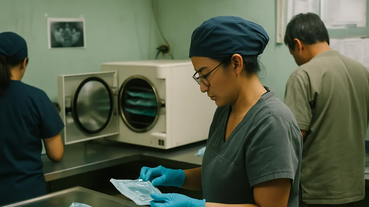 área de esterilización de una clínica dental: autoclave abierto con bandejas de instrumental empaquetado y sellado, encimera de acero inoxidable, personal con guantes organizando l