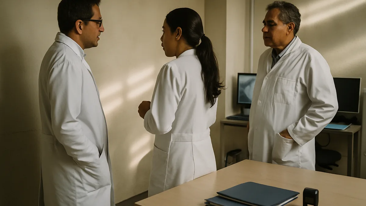 sala de juntas sencilla: tres profesionales de la salud con bata de pie conversando junto a la mesa al terminar una reunión, vistos de perfil; sobre la mesa hay carpetas cerradas y