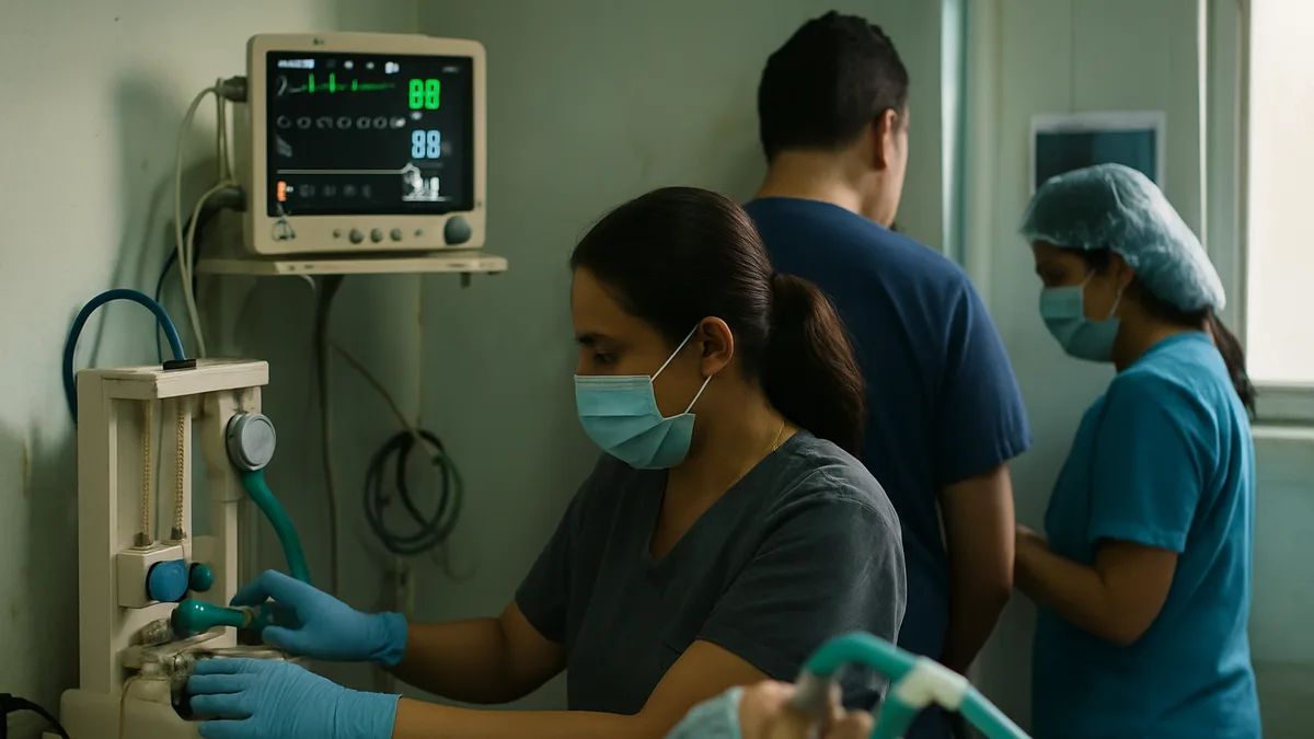 sala de procedimientos con equipo de sedación: monitor de signos vitales encendido, mascarilla nasal de óxido nitroso y flujómetro, profesional con guantes ajustando los controles