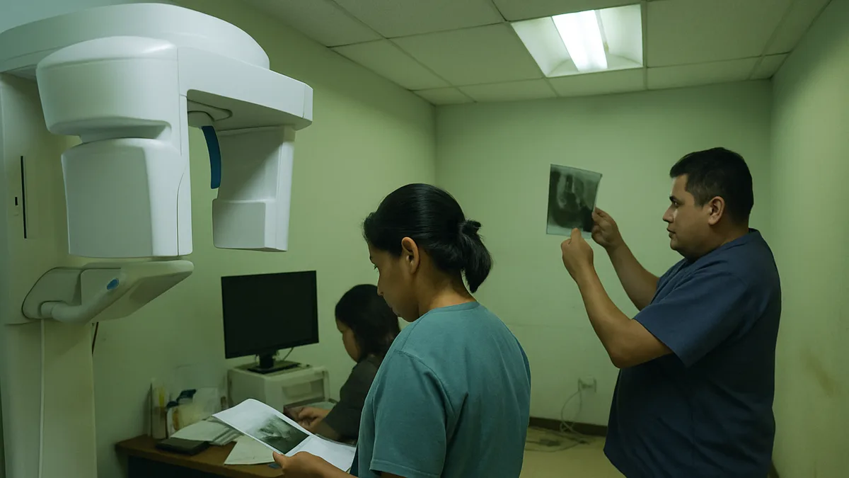 sala de exames de radiologia odontológica com um aparelho de tomografia de feixe cônico em primeiro plano e um monitor apagado de canto ao fundo. Sem paciente e sem nenhuma imagem