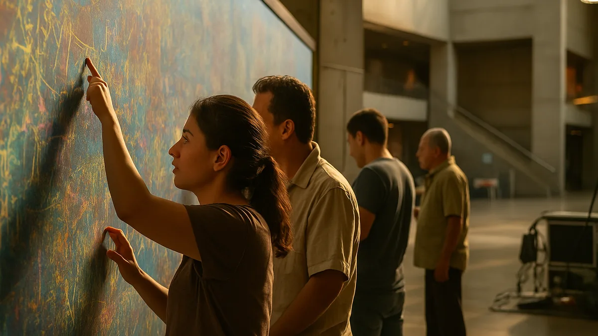 vestíbulo de un centro de convenciones con una gran pantalla interactiva tipo mural donde personas de distintas edades dejan su mensaje tocando la superficie. Sin texto legible en 