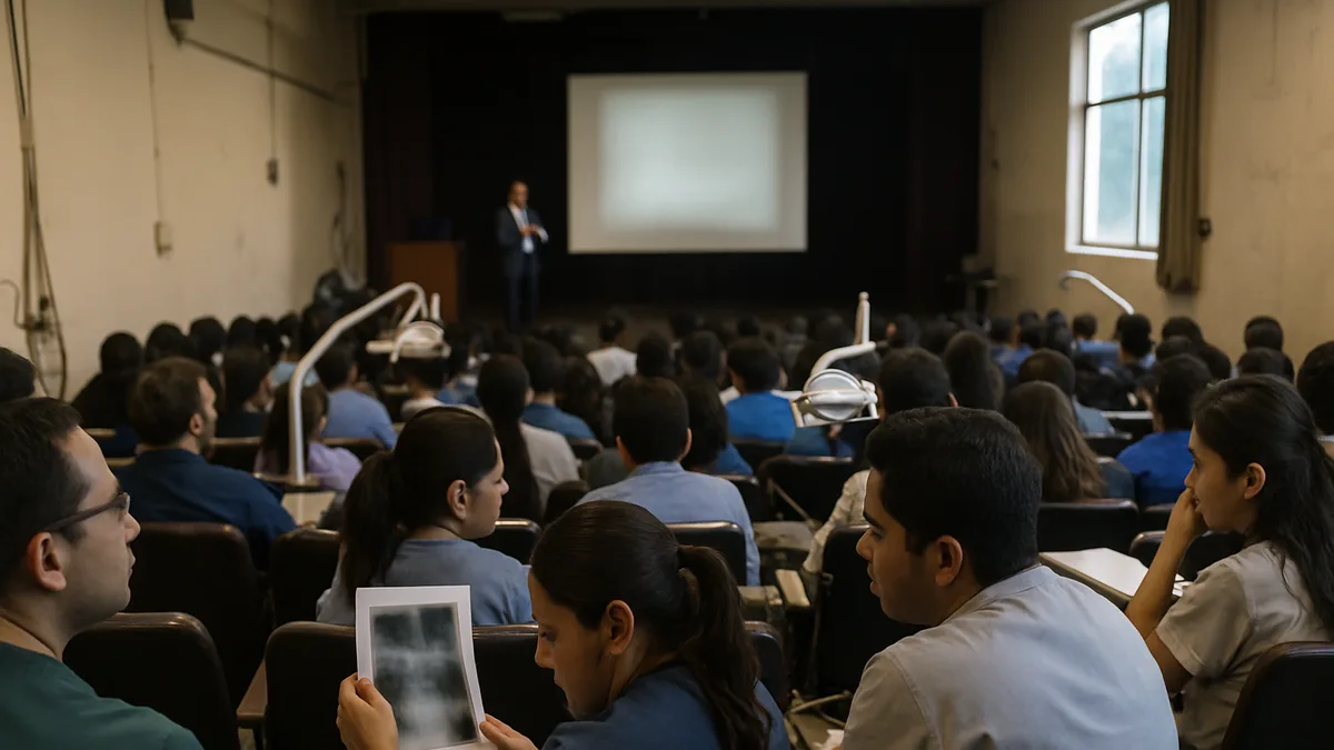 auditorio lleno en un congreso científico de odontología, visto desde las últimas filas del público: cabezas y hombros en primer plano desenfocados, el ponente pequeño en el escena