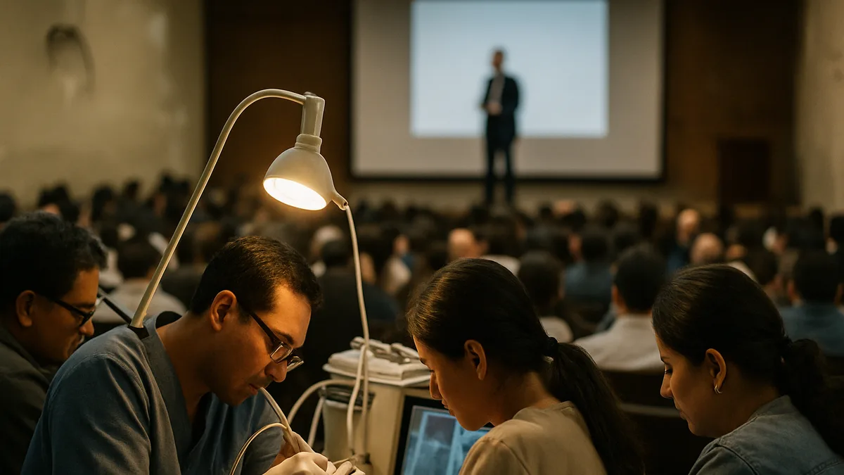 auditorio lleno en un congreso científico de odontología, visto desde las últimas filas del público: cabezas y hombros en primer plano desenfocados, el ponente pequeño en el escena