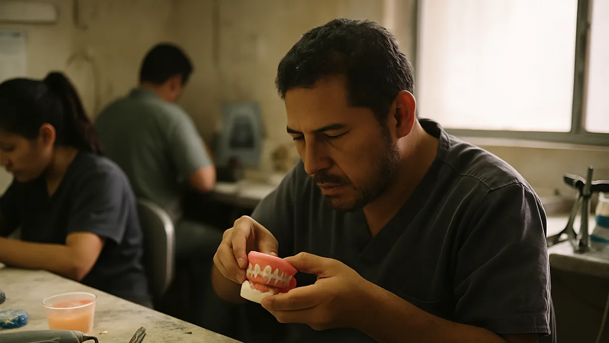 laboratório de prótese dentária com técnico ajustando uma prótese total sobre modelo de gesso, bancada com resina acrílica, espátulas e motor de bancada ao redor