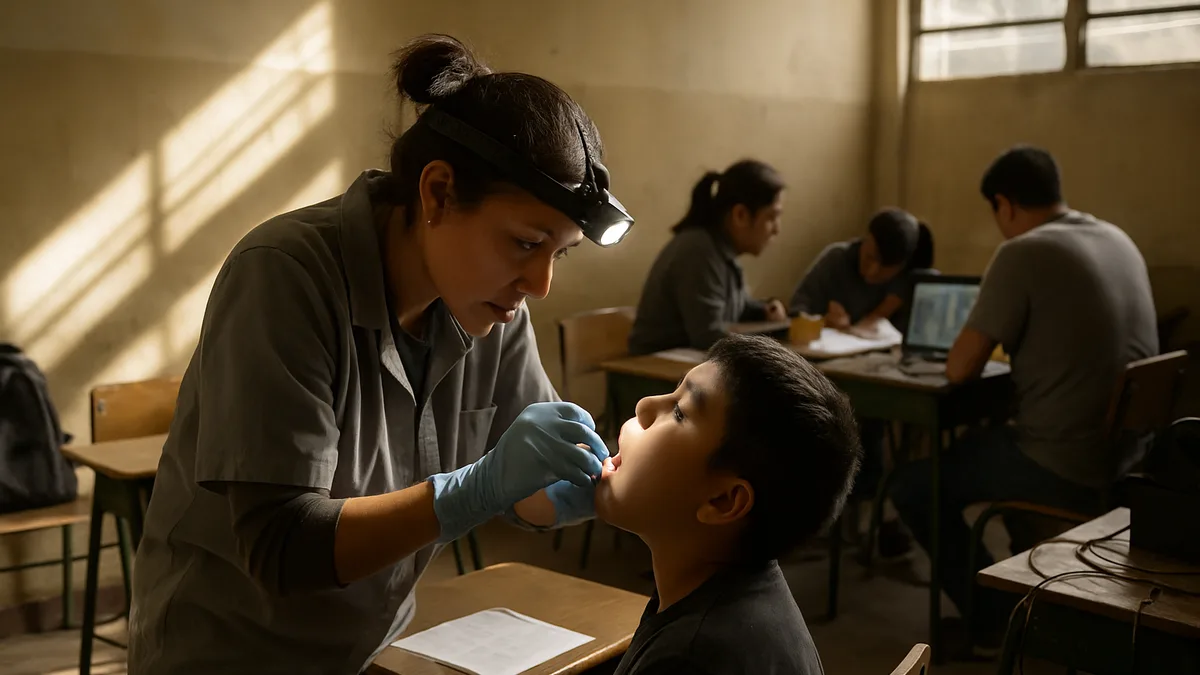 aula escolar convertida en punto de evaluación dental: una investigadora con guantes y lámpara frontal inclinada revisando la boca de un niño sentado en su pupitre, vista de perfil