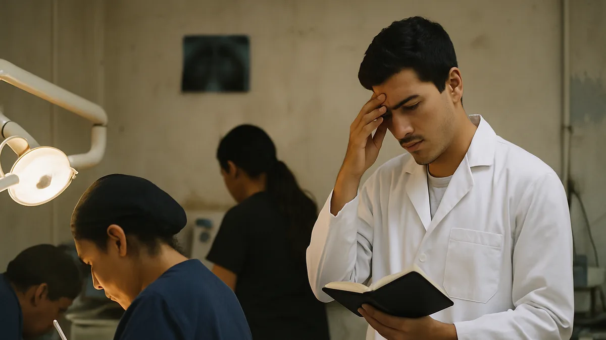 cirujano dentista recién graduado, con bata blanca, de pie en un consultorio pequeño y sencillo, mirando pensativo su agenda del día