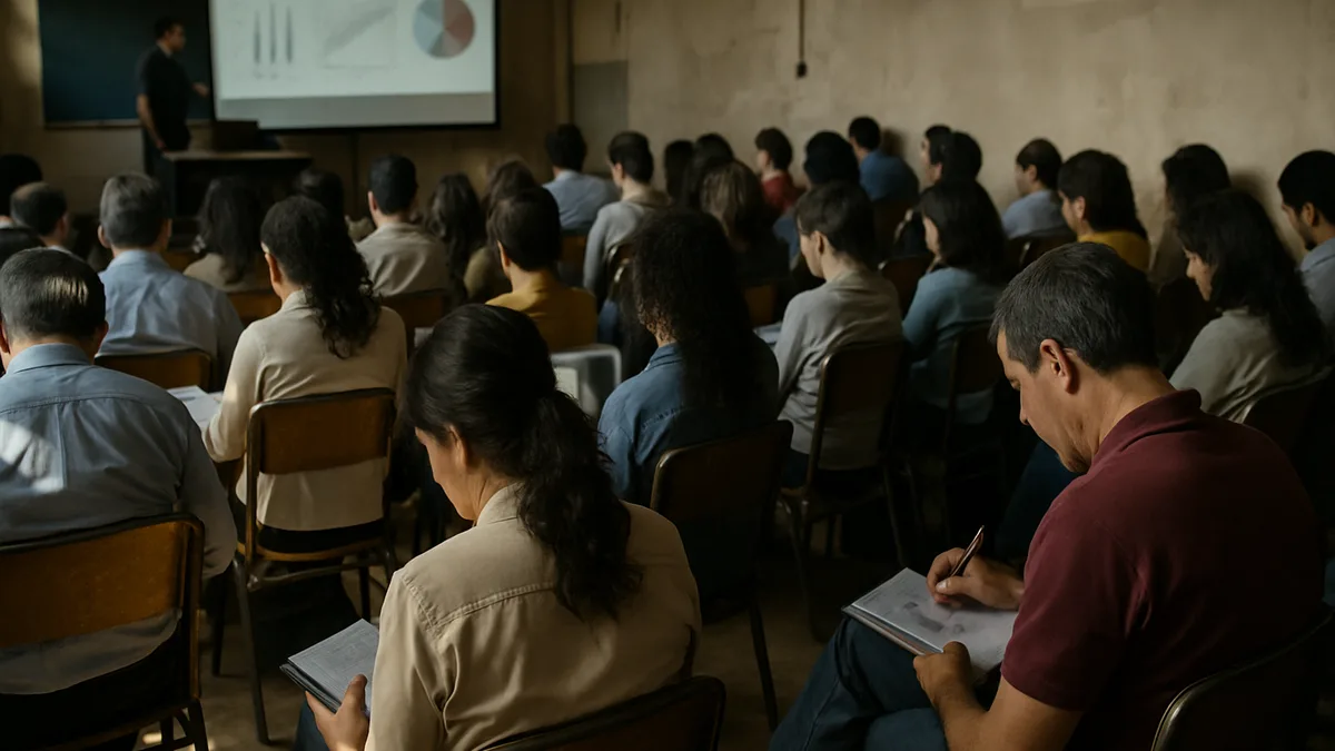 auditório de congresso científico lotado, telão exibindo um slide com gráficos de pesquisa e plateia de pesquisadores tomando notas, vista do fundo da sala