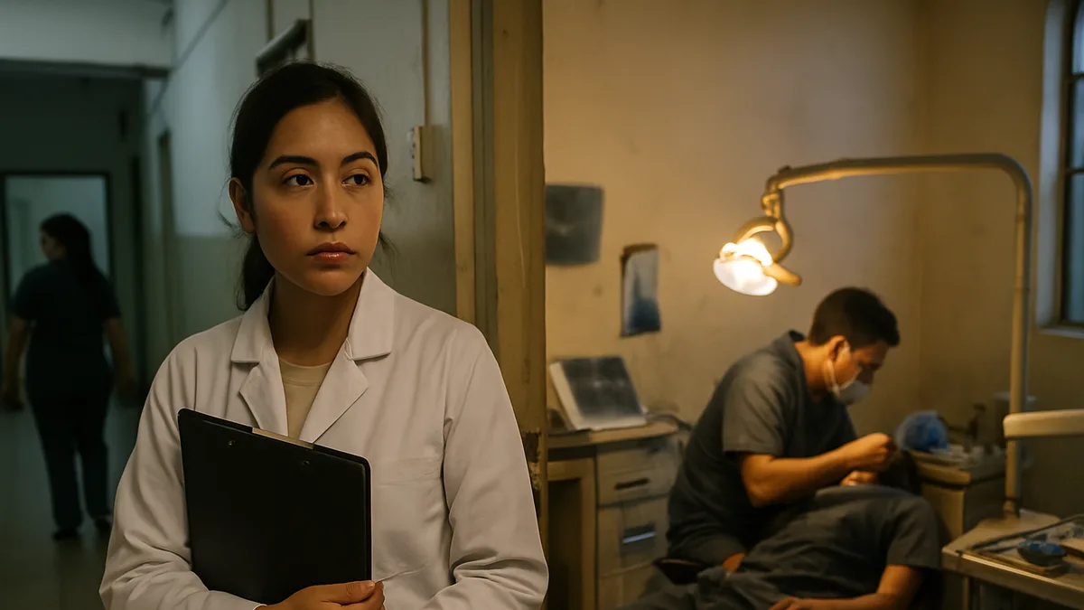 joven cirujana dentista con bata blanca y carpeta de documentos en el pasillo de un centro de salud público de provincia, personal atendiendo al fondo