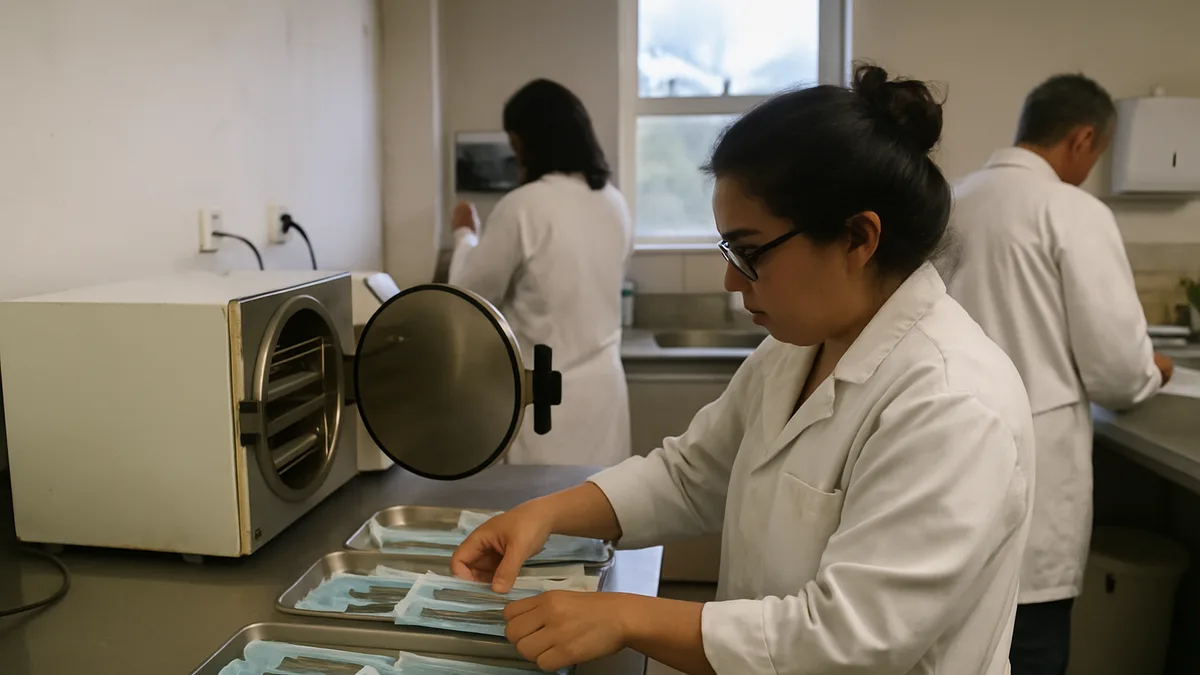 sala de esterilização de uma clínica-escola com autoclave aberta e bandejas de instrumental empacotado sobre a bancada de aço inox, técnica de jaleco organizando os pacotes