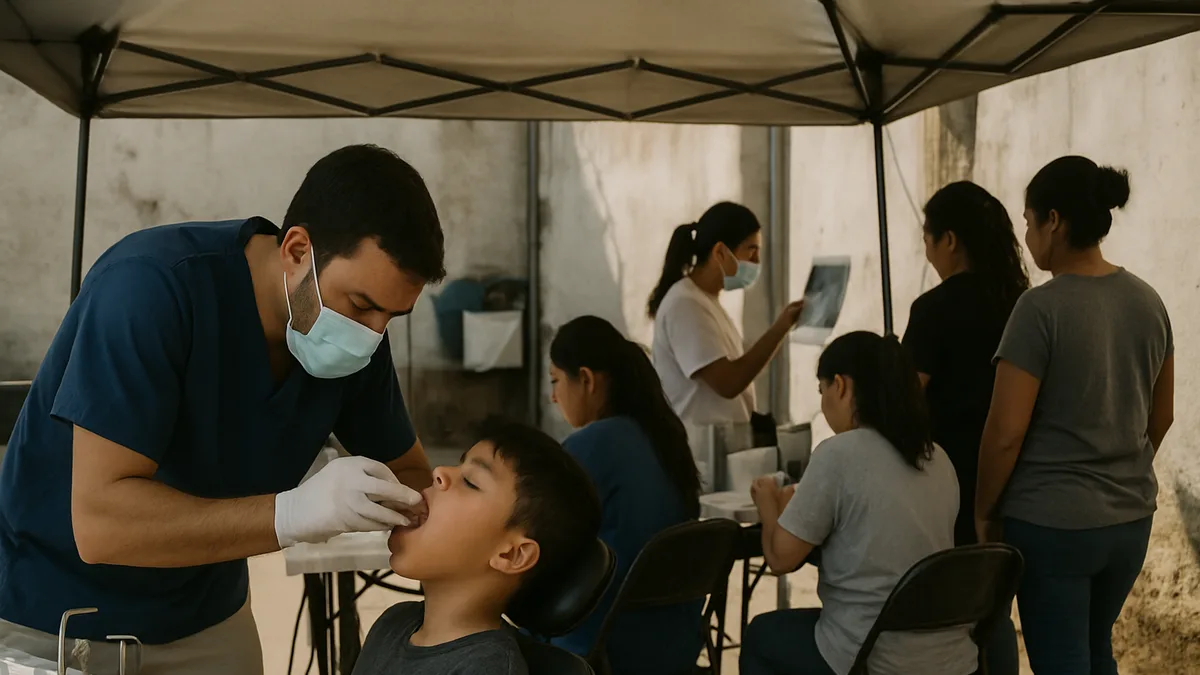 jornada de salud bucal en un patio comunitario: carpa con unidad dental portátil, odontólogo revisando la boca de un niño sentado en una silla plegable y personal de salud atendien
