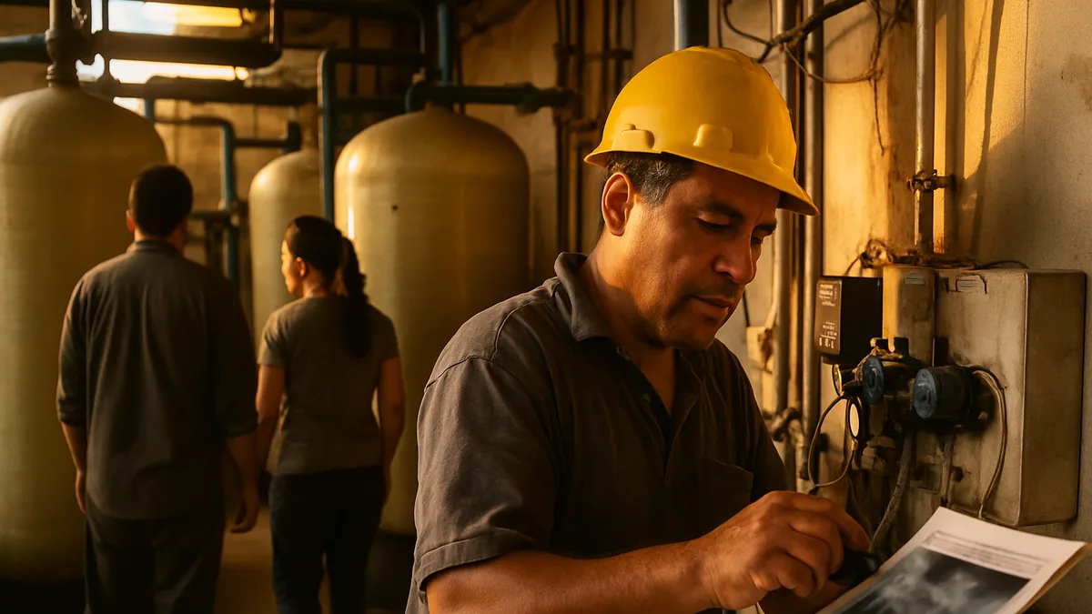 interior de una planta de tratamiento de agua potable: tanques, tuberías y un operario con casco revisando instrumentos de dosificación. Sin consultorio dental