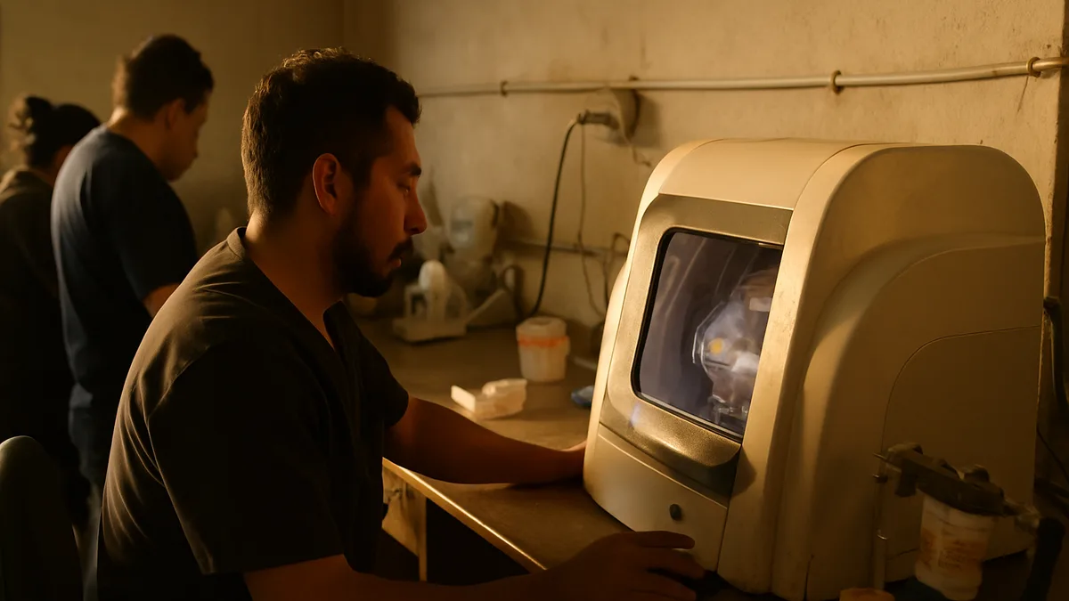 laboratório de prótese dentária com técnico operando uma fresadora CAD/CAM em um bloco de zircônia, modelos de gesso e articulador na bancada ao lado. Sem cadeira odontológica