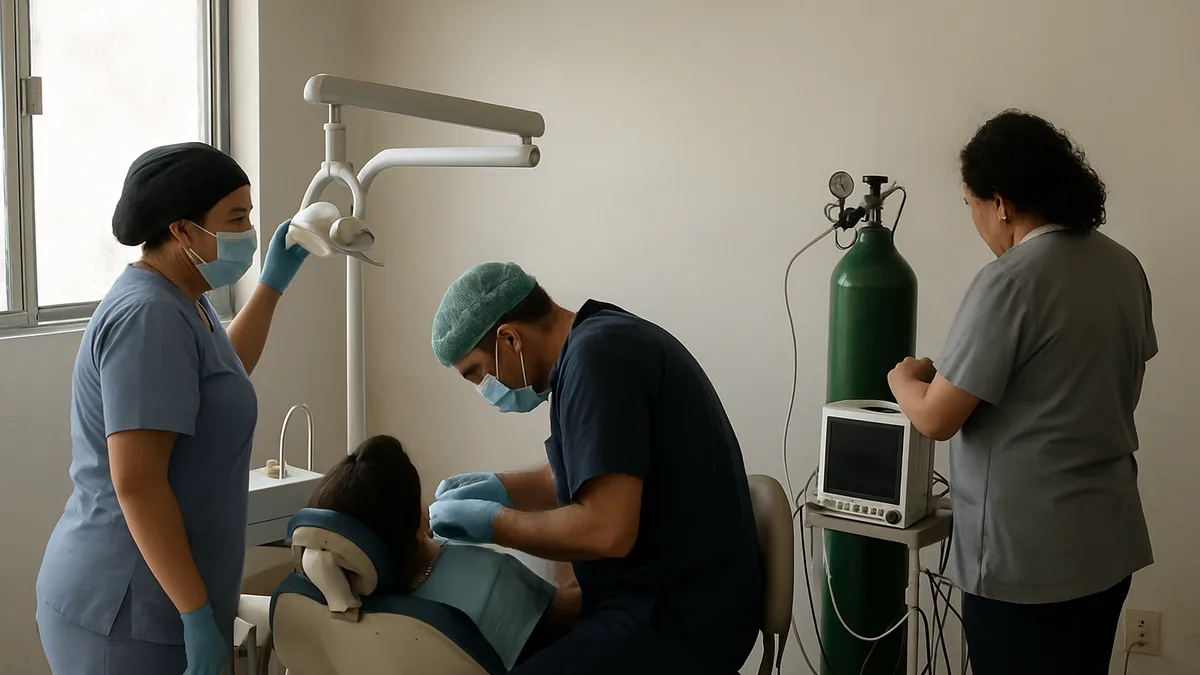 sala de sedação odontológica vazia e organizada, com monitor de sinais vitais desligado ao lado do equipo e cilindro de oxigênio. Sem profissionais nem paciente