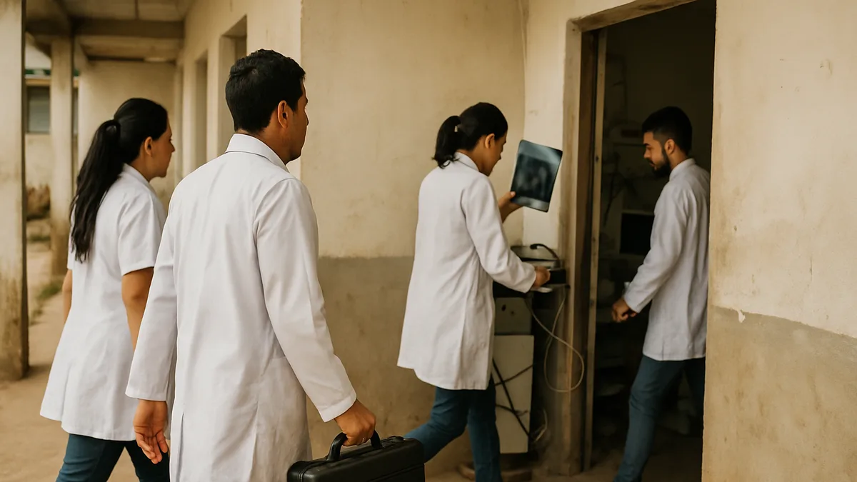grupo de jóvenes profesionales de la salud con bata blanca llegando a un puesto de salud rural de fachada sencilla, uno de ellos con maletín de instrumental, camino de tierra al fr