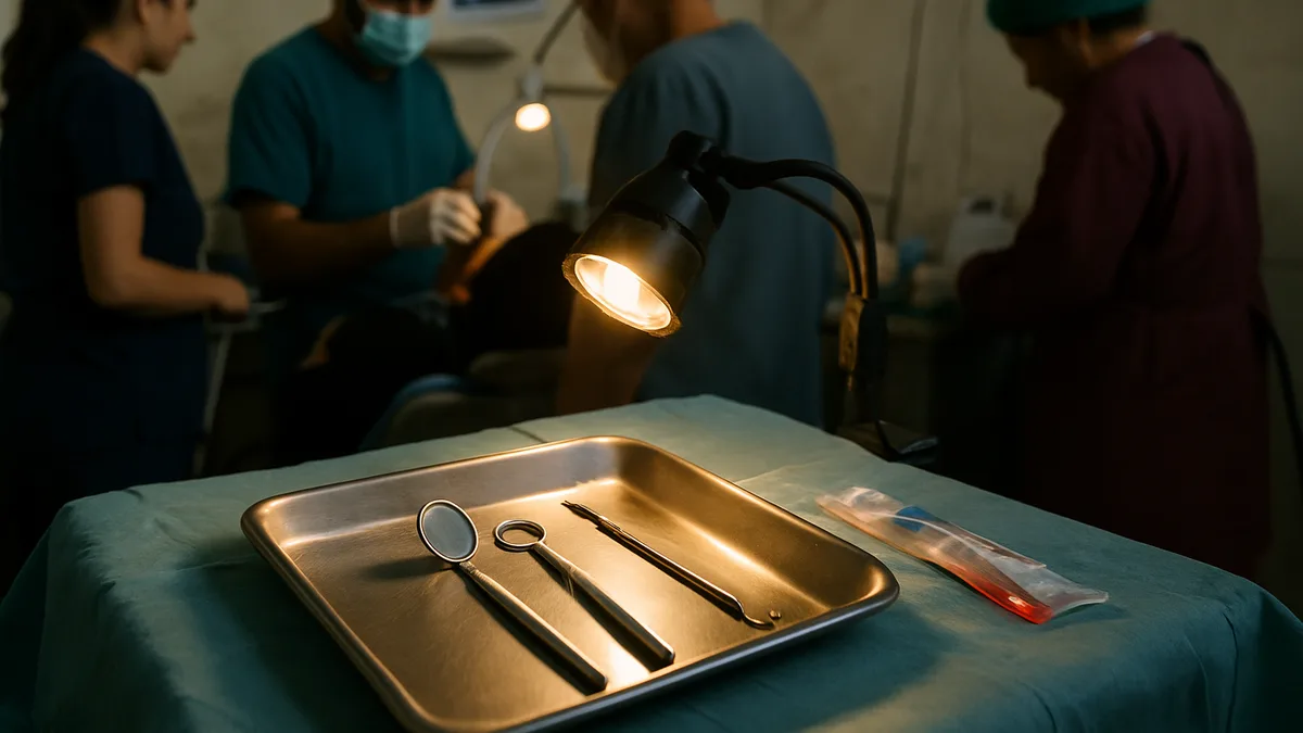 close de uma bandeja clínica com espelho bucal, afastador e raspador de língua sobre campo estéril, com um kit de higiene bucal ao lado. Sem paciente na cena