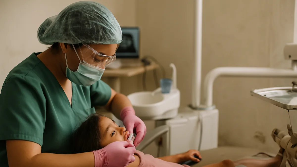 consultorio de odontopediatría con una niña sentada en el sillón y una odontóloga aplicándole flúor con cubeta, ambiente claro y cálido, sin pósters ni texto en las paredes