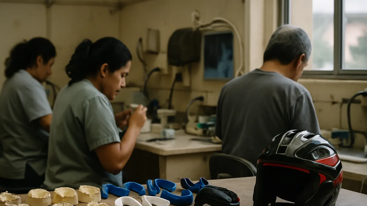 bancada de laboratório com moldes odontológicos de gesso, protetores bucais esportivos prontos e um capacete de proteção dispostos lado a lado, sob luz de trabalho. Sem cadeira odo