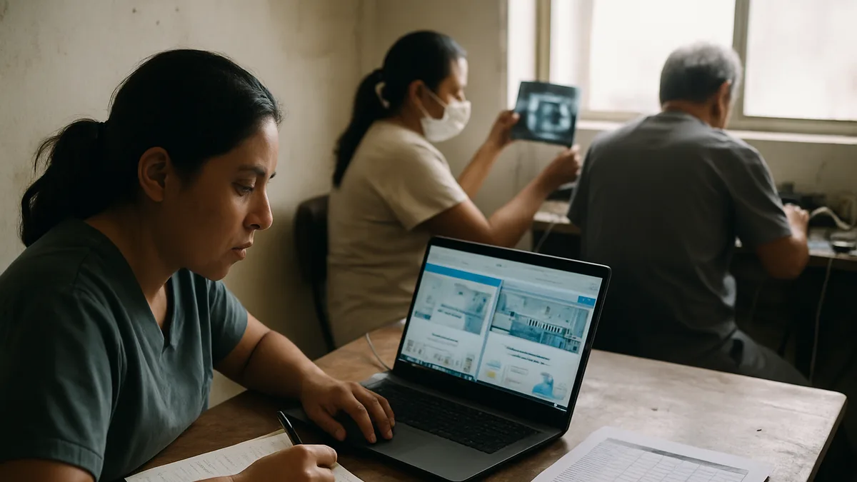 mesa de trabalho com um laptop exibindo páginas de clínicas odontológicas abertas lado a lado, anotações à mão e uma planilha de avaliação impressa ao lado. Sem consultório ao fund