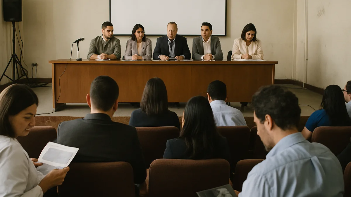 salón de congreso durante una ceremonia de apertura: mesa de honor sobre el escenario con micrófonos, pantalla al fondo y público de profesionales en butacas