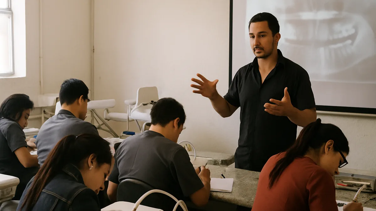 sala de capacitación odontológica vista de lado: el ponente de pie gesticulando mientras explica y las primeras filas de asistentes tomando notas; la pantalla de proyección queda f