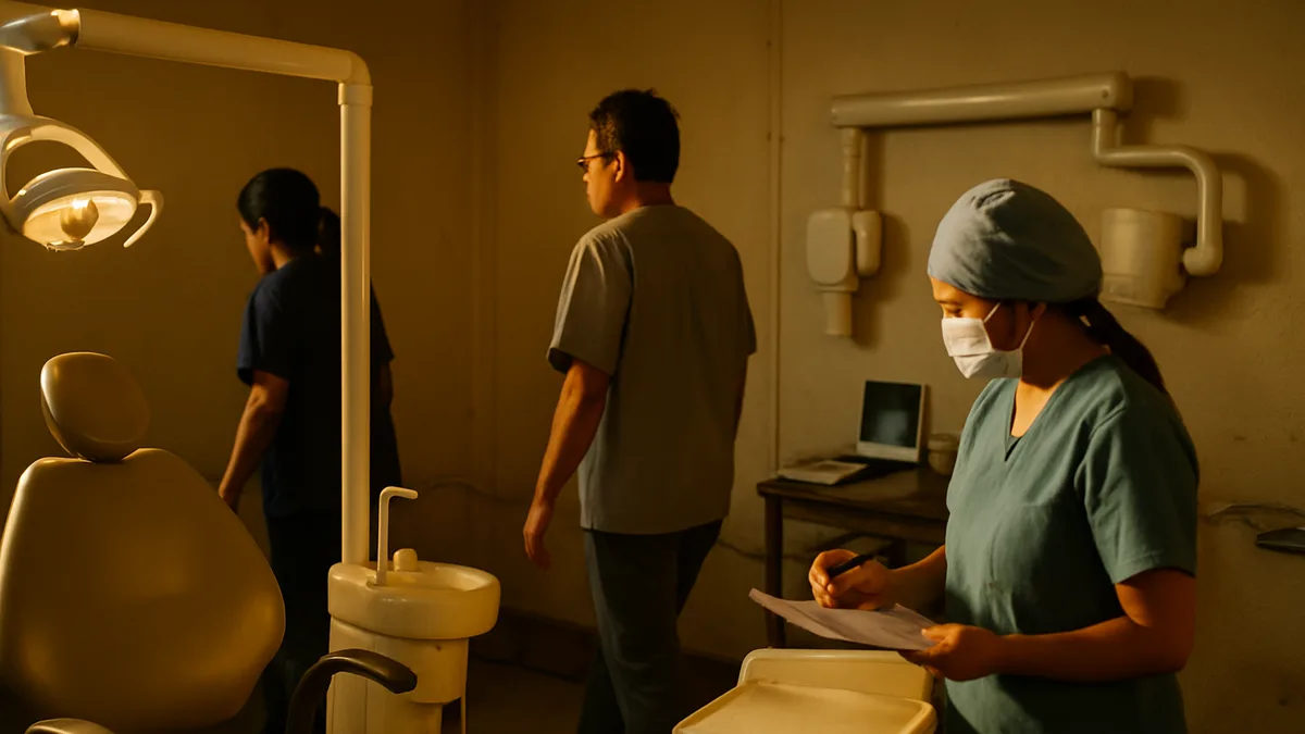 interior de un consultorio dental de hospital público recién remodelado: sillón eléctrico nuevo con lámpara, equipo de rayos X dental montado en la pared y personal de salud recorr
