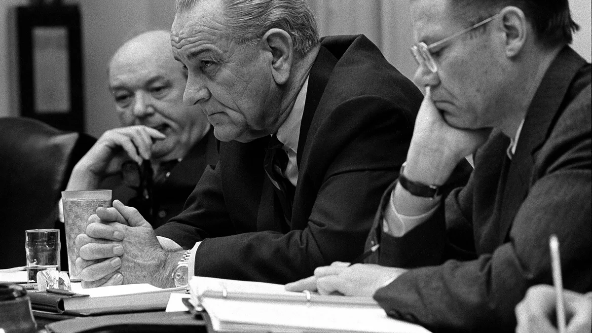 Dean Rusk, Lyndon B. Johnson and Robert McNamara in Cabinet Room meeting February 1968