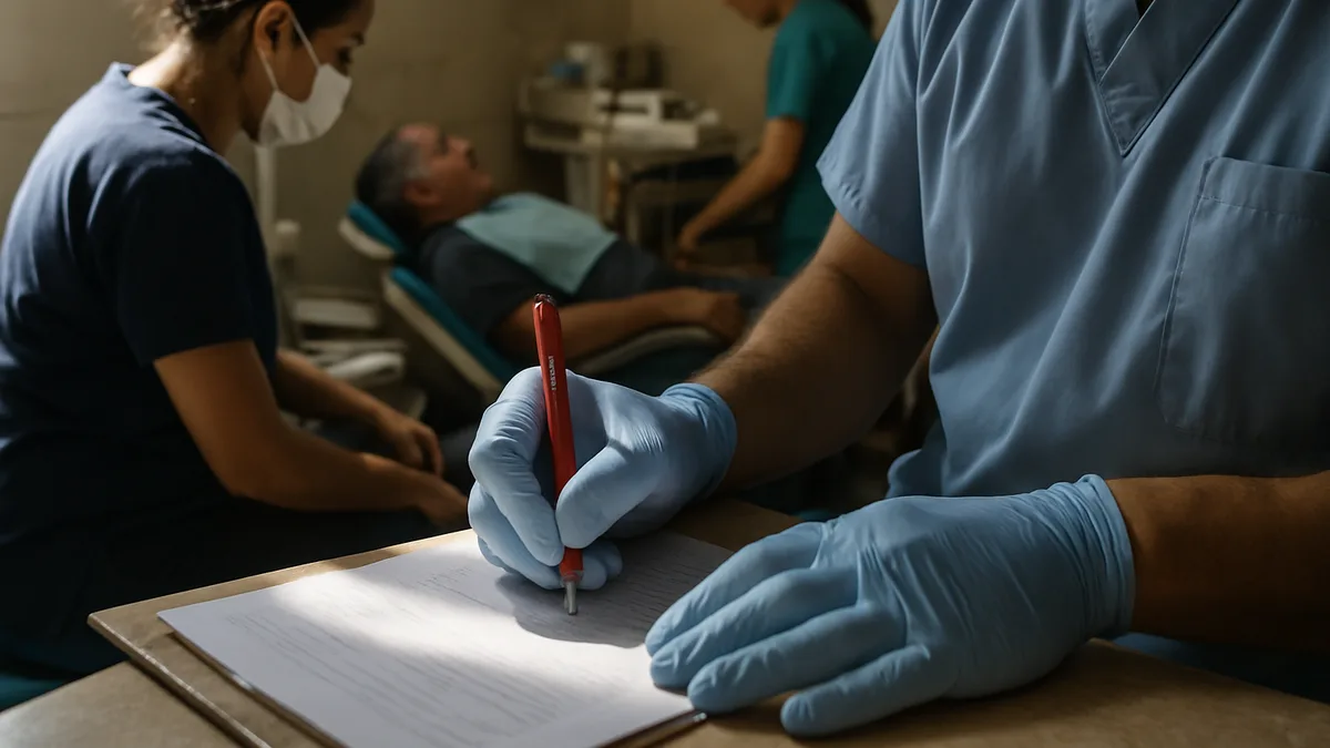 primer plano cerrado de las manos enguantadas de un odontólogo escribiendo con bolígrafo rojo sobre una ficha apoyada en el escritorio, vista en ángulo muy oblicuo y fuera de foco: