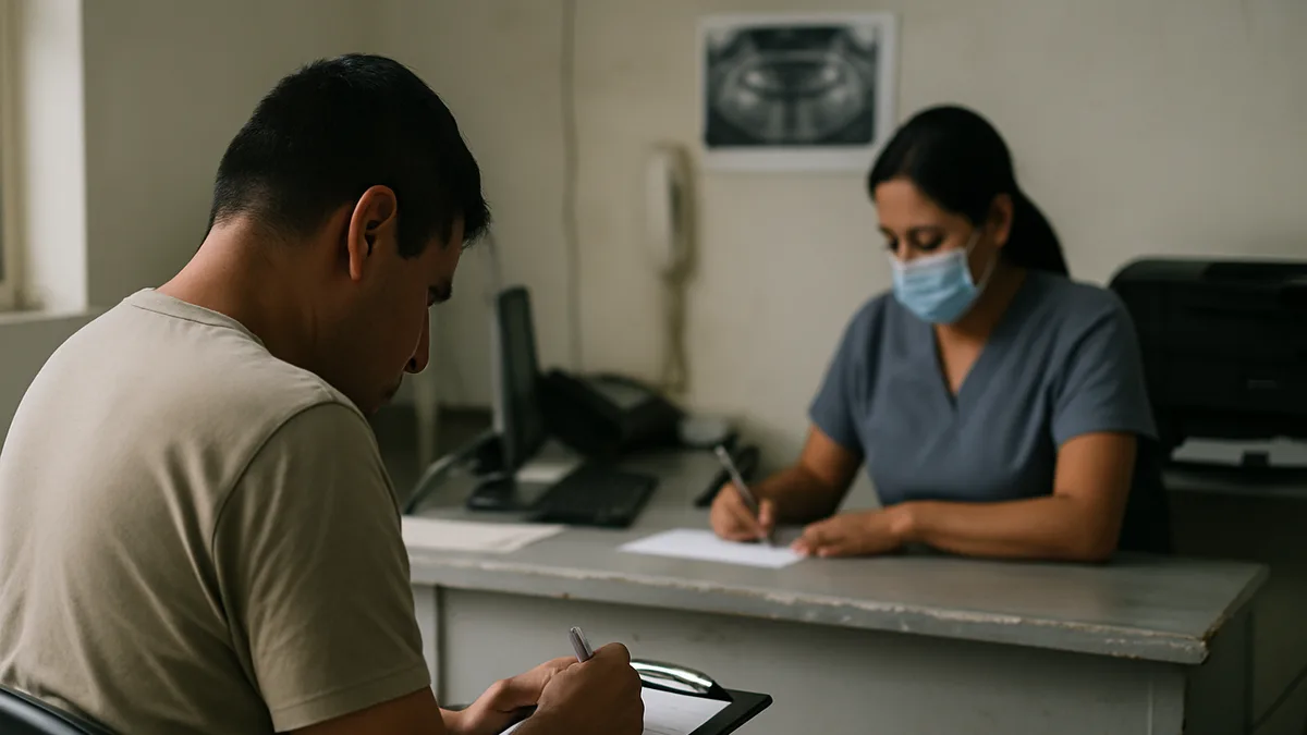 recepción de un consultorio dental con luz de ventana: paciente sentado de espaldas al fotógrafo escribiendo sobre una tablilla apoyada en las rodillas, recepcionista desenfocada a