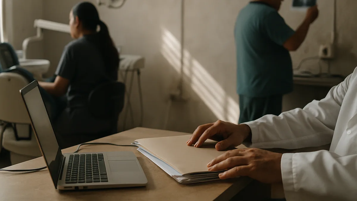 escritorio de consultorio dental al final de la jornada: manos de un profesional con bata cerrando una carpeta de fichas junto a una laptop entreabierta, vista de canto; ni el pape
