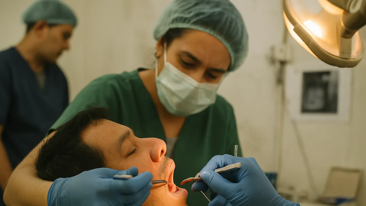 primer plano de una sonda periodontal milimetrada midiendo el surco gingival, manos con guantes azules, espejo intraoral y campo intraoral iluminado por la lámpara del sillón