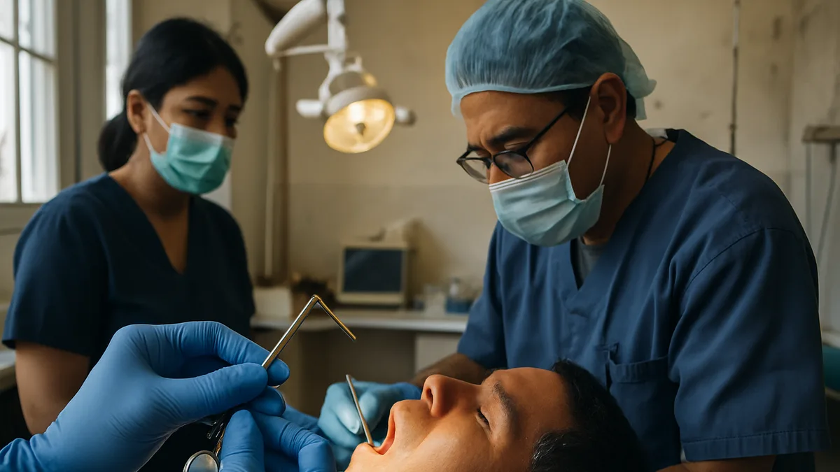 primer plano de una sonda periodontal milimetrada midiendo el surco gingival, manos con guantes azules, espejo intraoral y campo intraoral iluminado por la lámpara del sillón